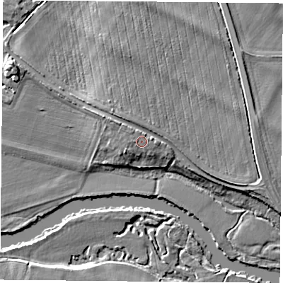 Shaded relief map of the ground around OX107JX, computed from Environment Agency LiDAR. The ground here sits at about 49 m above sea level and falls 7 m across the surrounding 800 m. Surface water reaching this point runs off ground lying to the north-north-west, 0.7 m higher.