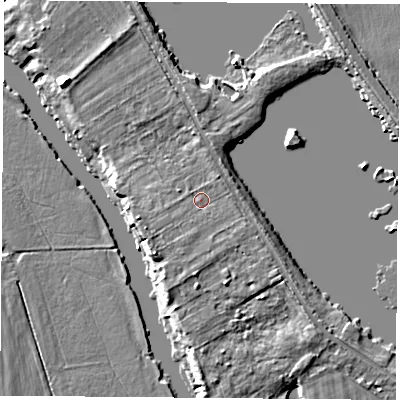 Shaded relief map of the ground around OX107LB, computed from Environment Agency LiDAR. The ground here sits at about 50 m above sea level and falls 7 m across the surrounding 800 m. Surface water reaching this point runs off ground lying to the south-west, 1.2 m higher.
