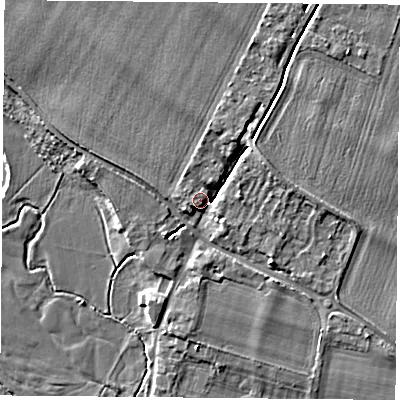 Shaded relief map of the ground around OX107SA, computed from Environment Agency LiDAR. The ground here sits at about 48 m above sea level and falls 5 m across the surrounding 800 m. Surface water reaching this point runs off ground lying to the west-south-west, 3.1 m higher.