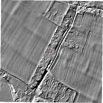 Shaded relief map of the ground around OX107SB, computed from Environment Agency LiDAR. The ground here sits at about 48 m above sea level and falls 4 m across the surrounding 800 m. Surface water reaching this point runs off ground lying to the north-north-east, 1.0 m higher.