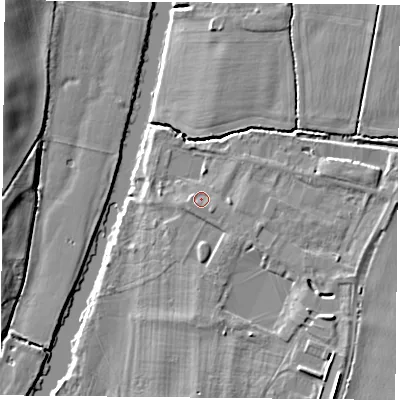 Shaded relief map of the ground around OX108BA, computed from Environment Agency LiDAR. The ground here sits at about 46 m above sea level and falls 8 m across the surrounding 800 m. Surface water reaching this point runs off ground lying to the south-east, 1.1 m higher.