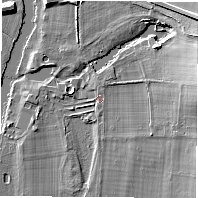 Shaded relief map of the ground around OX108BU, computed from Environment Agency LiDAR. The ground here sits at about 46 m above sea level and falls 18 m across the surrounding 800 m. The ground contributing surface water to this point lies to the south-south-east.