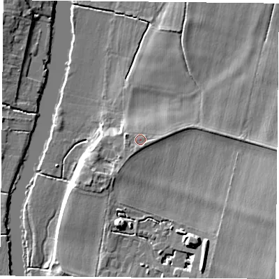 Shaded relief map of the ground around OX108BW, computed from Environment Agency LiDAR. The ground here sits at about 48 m above sea level and falls 11 m across the surrounding 800 m. Surface water reaching this point runs off ground lying to the east, 1.1 m higher.