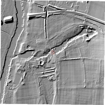 Shaded relief map of the ground around OX108BX, computed from Environment Agency LiDAR. The ground here sits at about 46 m above sea level and falls 15 m across the surrounding 800 m. Surface water reaching this point runs off ground lying to the east, 12.2 m higher.