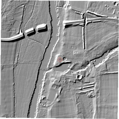 Shaded relief map of the ground around OX108BZ, computed from Environment Agency LiDAR. The ground here sits at about 46 m above sea level and falls 9 m across the surrounding 800 m. Surface water reaching this point runs off ground lying to the south-east, 2.2 m higher.