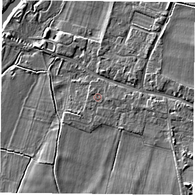 Shaded relief map of the ground around OX108EU, computed from Environment Agency LiDAR. The ground here sits at about 47 m above sea level and falls 11 m across the surrounding 800 m. Surface water reaching this point runs off ground lying to the east-south-east, 1.0 m higher.