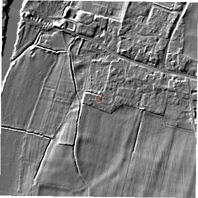 Shaded relief map of the ground around OX108EX, computed from Environment Agency LiDAR. The ground here sits at about 46 m above sea level and falls 8 m across the surrounding 800 m. The ground contributing surface water to this point lies to the east.