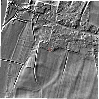 Shaded relief map of the ground around OX108EY, computed from Environment Agency LiDAR. The ground here sits at about 46 m above sea level and falls 9 m across the surrounding 800 m. Surface water reaching this point runs off ground lying to the south-east, 5.2 m higher.