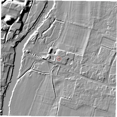 Shaded relief map of the ground around OX108FL, computed from Environment Agency LiDAR. The ground here sits at about 46 m above sea level and falls 20 m across the surrounding 800 m. Surface water reaching this point runs off ground lying to the north-north-east, 0.8 m higher.