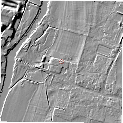 Shaded relief map of the ground around OX108FN, computed from Environment Agency LiDAR. The ground here sits at about 46 m above sea level and falls 19 m across the surrounding 800 m. Surface water reaching this point runs off ground lying to the south, 2.0 m higher.