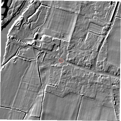 Shaded relief map of the ground around OX108HB, computed from Environment Agency LiDAR. The ground here sits at about 46 m above sea level and falls 8 m across the surrounding 800 m. Surface water reaching this point runs off ground lying to the east, 4.5 m higher.