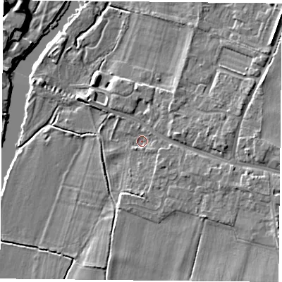 Shaded relief map of the ground around OX108HE, computed from Environment Agency LiDAR. The ground here sits at about 45 m above sea level and falls 16 m across the surrounding 800 m. Surface water reaching this point runs off ground lying to the south-east, 1.4 m higher.