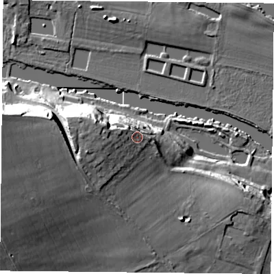 Shaded relief map of the ground around OX108LS, computed from Environment Agency LiDAR. The ground here sits at about 62 m above sea level and falls 30 m across the surrounding 800 m. Surface water reaching this point runs off ground lying to the west-north-west, 6.3 m higher.