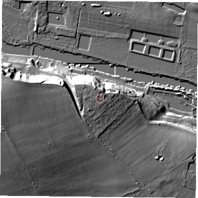 Shaded relief map of the ground around OX108LW, computed from Environment Agency LiDAR. The ground here sits at about 66 m above sea level and falls 33 m across the surrounding 800 m. Surface water reaching this point runs off ground lying to the north, 1.5 m higher.