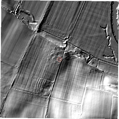 Shaded relief map of the ground around OX108NB, computed from Environment Agency LiDAR. The ground here sits at about 54 m above sea level and falls 38 m across the surrounding 800 m. Surface water reaching this point runs off ground lying to the south, 1.6 m higher.