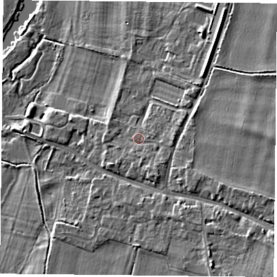 Shaded relief map of the ground around OX108NR, computed from Environment Agency LiDAR. The ground here sits at about 47 m above sea level and falls 9 m across the surrounding 800 m. Surface water reaching this point runs off ground lying to the east, 2.1 m higher.
