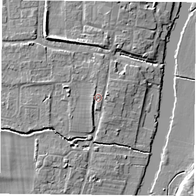 Shaded relief map of the ground around OX109DS, computed from Environment Agency LiDAR. The ground here sits at about 47 m above sea level and falls 9 m across the surrounding 800 m. Surface water reaching this point runs off ground lying to the east-north-east, 2.2 m higher.