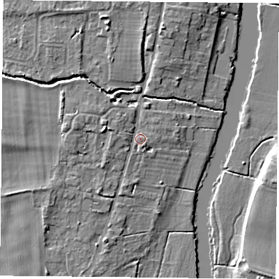 Shaded relief map of the ground around OX109DX, computed from Environment Agency LiDAR. The ground here sits at about 46 m above sea level and falls 7 m across the surrounding 800 m. Surface water reaching this point runs off ground lying to the west-north-west, 2.1 m higher.