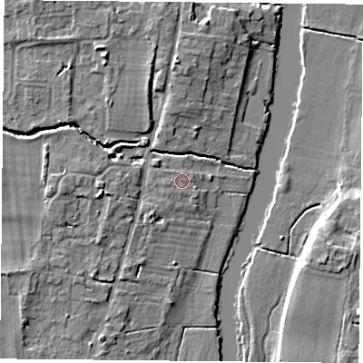 Shaded relief map of the ground around OX109DY, computed from Environment Agency LiDAR. The ground here sits at about 46 m above sea level and falls 7 m across the surrounding 800 m. Surface water reaching this point runs off ground lying to the west, 0.9 m higher.