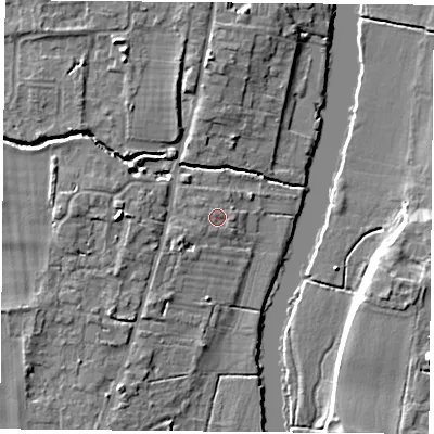 Shaded relief map of the ground around OX109DZ, computed from Environment Agency LiDAR. The ground here sits at about 46 m above sea level and falls 8 m across the surrounding 800 m. Surface water reaching this point runs off ground lying to the west, 0.7 m higher.
