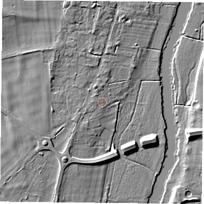 Shaded relief map of the ground around OX109ED, computed from Environment Agency LiDAR. The ground here sits at about 46 m above sea level and falls 7 m across the surrounding 800 m. Surface water reaching this point runs off ground lying to the west-south-west, 1.0 m higher.
