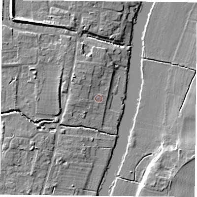Shaded relief map of the ground around OX109EP, computed from Environment Agency LiDAR. The ground here sits at about 46 m above sea level and falls 9 m across the surrounding 800 m. Surface water reaching this point runs off ground lying to the north-west, 2.5 m higher.