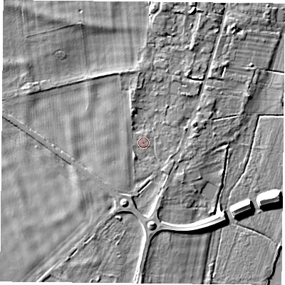 Shaded relief map of the ground around OX109EQ, computed from Environment Agency LiDAR. The ground here sits at about 47 m above sea level and falls 7 m across the surrounding 800 m. Surface water reaching this point runs off ground lying to the west-north-west, 0.6 m higher.