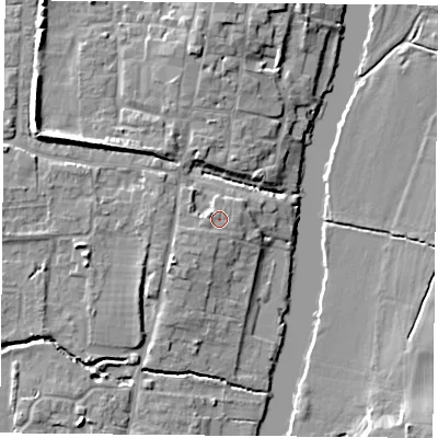 Shaded relief map of the ground around OX109ER, computed from Environment Agency LiDAR. The ground here sits at about 48 m above sea level and falls 9 m across the surrounding 800 m. Surface water reaching this point runs off ground lying to the west-north-west, 1.0 m higher.