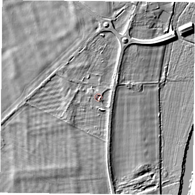 Shaded relief map of the ground around OX109HA, computed from Environment Agency LiDAR. The ground here sits at about 47 m above sea level and falls 7 m across the surrounding 800 m. Surface water reaching this point runs off ground lying to the north-north-east, 3.0 m higher.