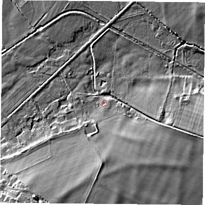 Shaded relief map of the ground around OX109HE, computed from Environment Agency LiDAR. The ground here sits at about 47 m above sea level and falls 14 m across the surrounding 800 m. Surface water reaching this point runs off ground lying to the south-south-east, 8.0 m higher.