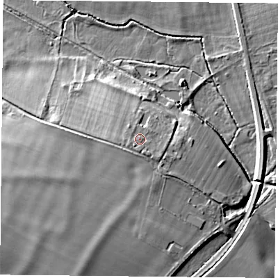 Shaded relief map of the ground around OX109HF, computed from Environment Agency LiDAR. The ground here sits at about 53 m above sea level and falls 11 m across the surrounding 800 m. Surface water reaching this point runs off ground lying to the south-west, 1.6 m higher.