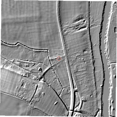 Shaded relief map of the ground around OX109HG, computed from Environment Agency LiDAR. The ground here sits at about 45 m above sea level and falls 11 m across the surrounding 800 m. Surface water reaching this point runs off ground lying to the east-north-east, 0.9 m higher.