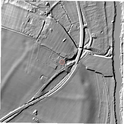 Shaded relief map of the ground around OX109HQ, computed from Environment Agency LiDAR. The ground here sits at about 50 m above sea level and falls 11 m across the surrounding 800 m. Surface water reaching this point runs off ground lying to the north-west, 5.2 m higher.