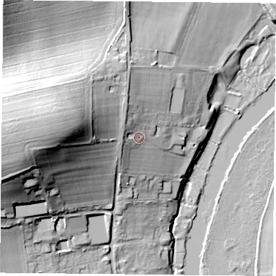 Shaded relief map of the ground around OX109HR, computed from Environment Agency LiDAR. The ground here sits at about 54 m above sea level and falls 35 m across the surrounding 800 m. Surface water reaching this point runs off ground lying to the north-west, 4.8 m higher.