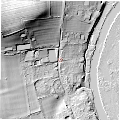 Shaded relief map of the ground around OX109HU, computed from Environment Agency LiDAR. The ground here sits at about 50 m above sea level and falls 36 m across the surrounding 800 m. Surface water reaching this point runs off ground lying to the north-west, 29.2 m higher.