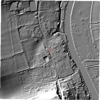 Shaded relief map of the ground around OX109JD, computed from Environment Agency LiDAR. The ground here sits at about 47 m above sea level and falls 25 m across the surrounding 800 m. Surface water reaching this point runs off ground lying to the south, 21.2 m higher.