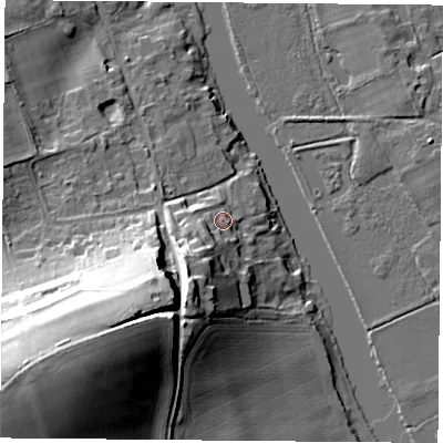 Shaded relief map of the ground around OX109JF, computed from Environment Agency LiDAR. The ground here sits at about 49 m above sea level and falls 41 m across the surrounding 800 m. Surface water reaching this point runs off ground lying to the south-west, 11.0 m higher.