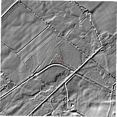Shaded relief map of the ground around OX109LA, computed from Environment Agency LiDAR. The ground here sits at about 46 m above sea level and falls 5 m across the surrounding 800 m. Surface water reaching this point runs off ground lying to the west-south-west, 0.6 m higher.