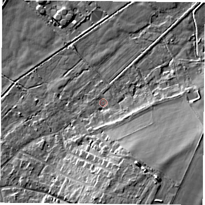 Shaded relief map of the ground around OX109LB, computed from Environment Agency LiDAR. The ground here sits at about 46 m above sea level and falls 14 m across the surrounding 800 m. Surface water reaching this point runs off ground lying to the south-east, 12.8 m higher.