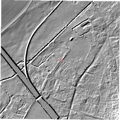 Shaded relief map of the ground around OX109LP, computed from Environment Agency LiDAR. The ground here sits at about 48 m above sea level and falls 9 m across the surrounding 800 m. Surface water reaching this point runs off ground lying to the south, 1.8 m higher.