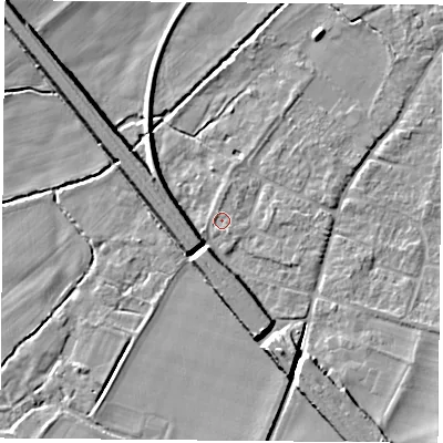 Shaded relief map of the ground around OX109LW, computed from Environment Agency LiDAR. The ground here sits at about 48 m above sea level and falls 8 m across the surrounding 800 m. Surface water reaching this point runs off ground lying to the south-south-east, 1.0 m higher.