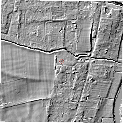 Shaded relief map of the ground around OX109LZ, computed from Environment Agency LiDAR. The ground here sits at about 47 m above sea level and falls 7 m across the surrounding 800 m. Surface water reaching this point runs off ground lying to the south, 1.3 m higher.