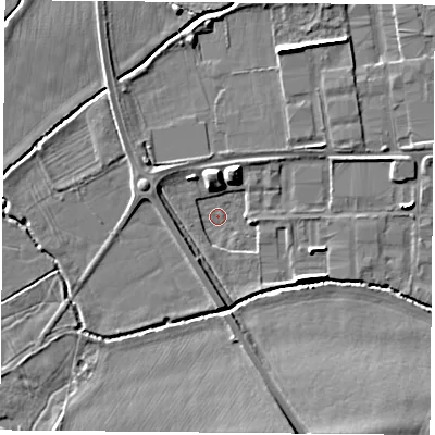 Shaded relief map of the ground around OX109SJ, computed from Environment Agency LiDAR. The ground here sits at about 46 m above sea level and falls 6 m across the surrounding 800 m. Surface water reaching this point runs off ground lying to the east, 3.6 m higher.