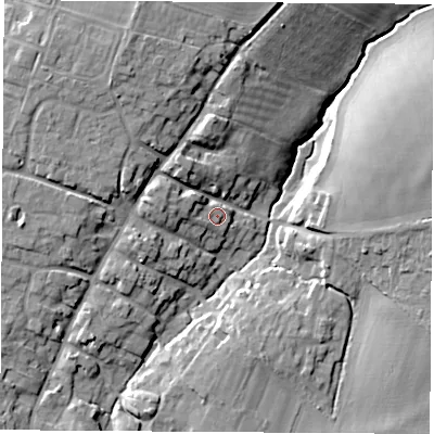 Shaded relief map of the ground around OX110DT, computed from Environment Agency LiDAR. The ground here sits at about 75 m above sea level and falls 18 m across the surrounding 800 m. Surface water reaching this point runs off ground lying to the west-north-west, 4.9 m higher.