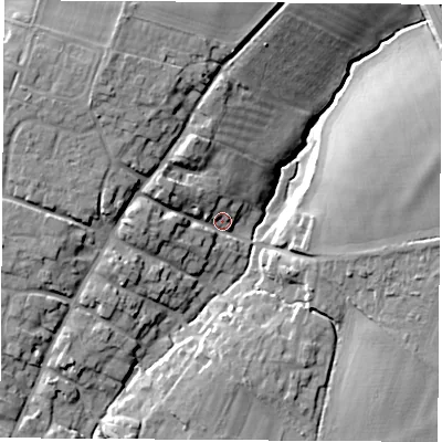 Shaded relief map of the ground around OX110DU, computed from Environment Agency LiDAR. The ground here sits at about 73 m above sea level and falls 18 m across the surrounding 800 m. Surface water reaching this point runs off ground lying to the north-west, 12.5 m higher.