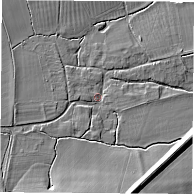 Shaded relief map of the ground around OX110ND, computed from Environment Agency LiDAR. The ground here sits at about 64 m above sea level and falls 18 m across the surrounding 800 m. Surface water reaching this point runs off ground lying to the south-south-east, 16.3 m higher.