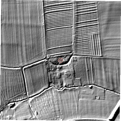 Shaded relief map of the ground around OX110NP, computed from Environment Agency LiDAR. The ground here sits at about 65 m above sea level and falls 11 m across the surrounding 800 m. Surface water reaching this point runs off ground lying to the north-west, 1.8 m higher.