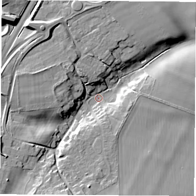 Shaded relief map of the ground around OX110SF, computed from Environment Agency LiDAR. The ground here sits at about 107 m above sea level and falls 18 m across the surrounding 800 m. Surface water reaching this point runs off ground lying to the south-south-west, 12.6 m higher.