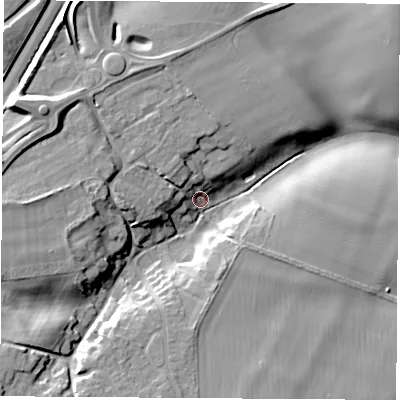 Shaded relief map of the ground around OX110SN, computed from Environment Agency LiDAR. The ground here sits at about 107 m above sea level and falls 18 m across the surrounding 800 m. Surface water reaching this point runs off ground lying to the west-north-west, 12.8 m higher.