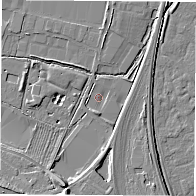 Shaded relief map of the ground around OX117AW, computed from Environment Agency LiDAR. The ground here sits at about 52 m above sea level and falls 15 m across the surrounding 800 m. Surface water reaching this point runs off ground lying to the south, 3.2 m higher.